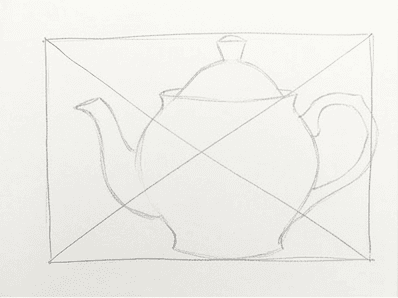 Light pencil rectangle with construction lines and a rough teapot silhouette inside.