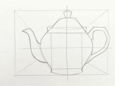Teapot blocked in as an oval body, dome lid, triangular spout, and looping handle.