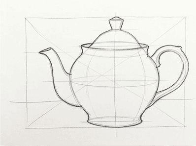 Refined pencil drawing with corrected ellipses for the lid and foot of the teapot.