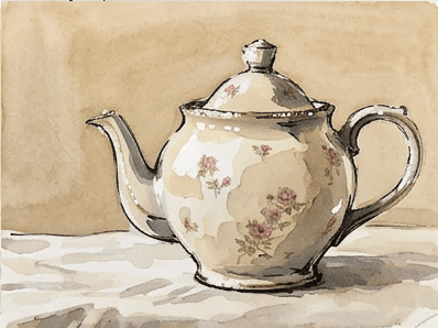 Finished loose ink and watercolor teapot with deep shadow accents.