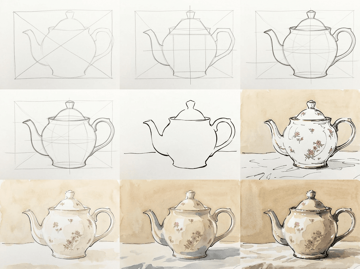 Loose ink and watercolor sketch of a vintage teapot