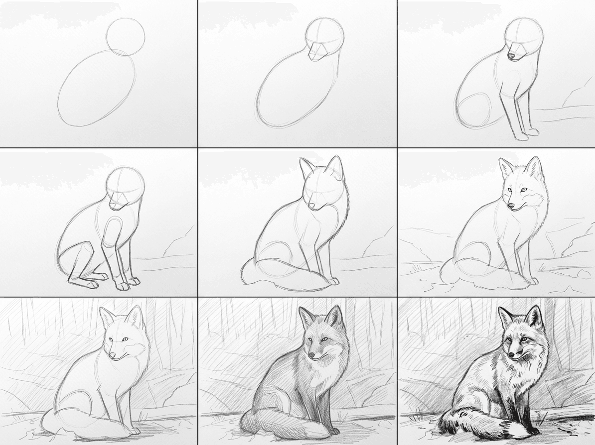 Step by step pencil sketch of a red fox