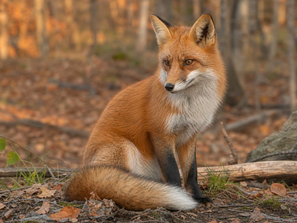 Reference photo of a red fox sitting in three-quarter view on an autumn forest floor.