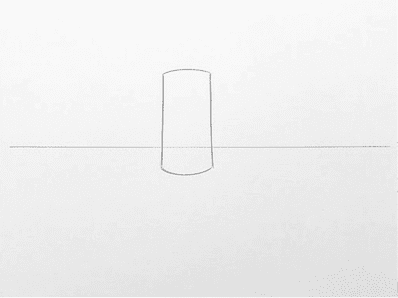 Faint pencil box for the central tower straddling a single horizon line on blank paper.