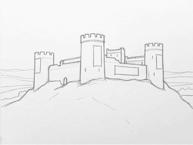 Pencil castle outline with three towers joined by a curtain wall and inner buildings.