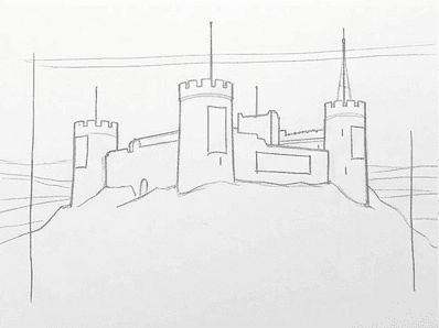Castle sketch with flag poles, a spire, and light guide lines extending sideways.