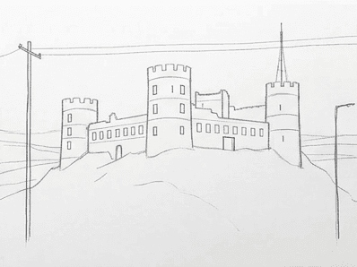Castle drawing with light horizontal guide bands marked along the tops of the towers and walls.