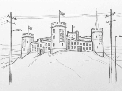 Cleaner castle outline with construction guides erased and a firm silhouette.