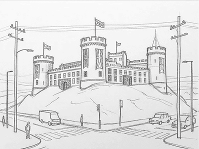 Castle drawing with battlement notches, arrow slits, an arched gateway, and small windows added.