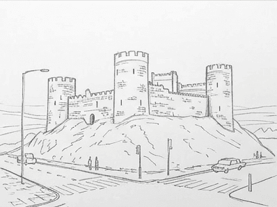 Castle with the hill shaded and a first light layer of tone on the shadowed sides of the towers.