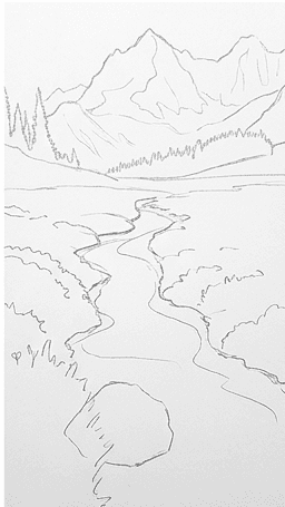 Landscape sketch stage showing value groups in mountains and foreground