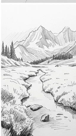 Finished landscape sketch from a step-by-step drawing tutorial