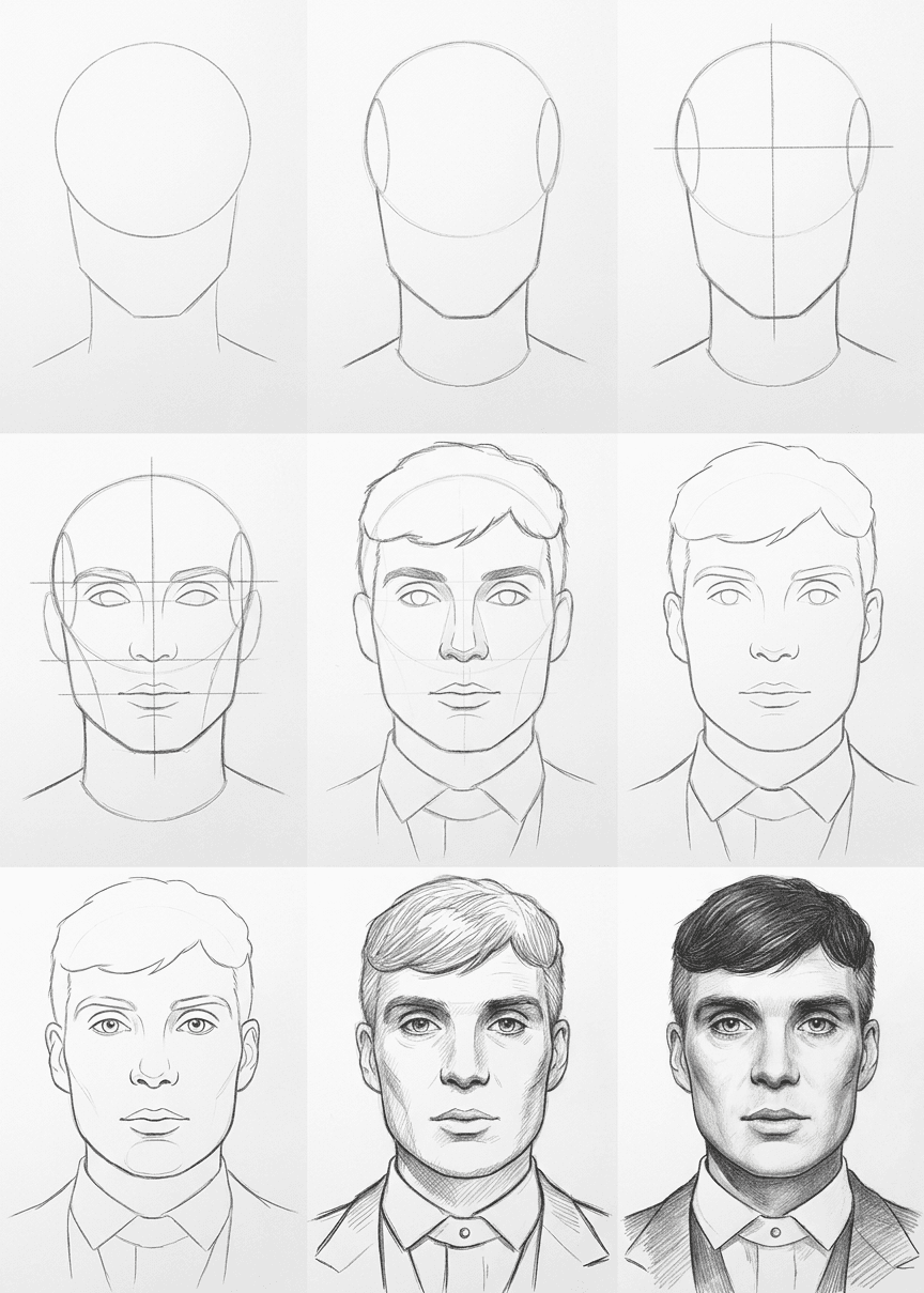 Full nine-step grid of a portrait lesson